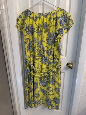 LOFT Yellow Dress with Blue Floral Trim